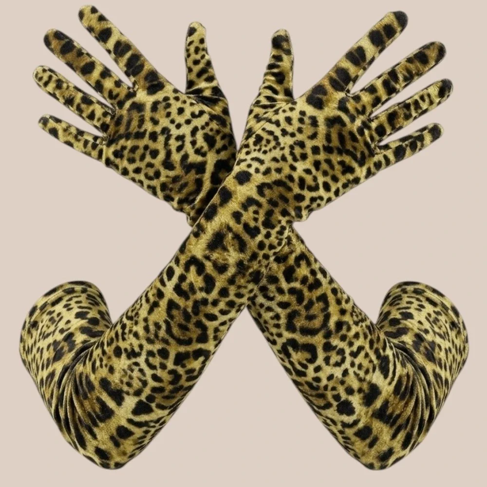 New Leopard Print Velvet Opera Gloves Animal Print Elbow Length Formal